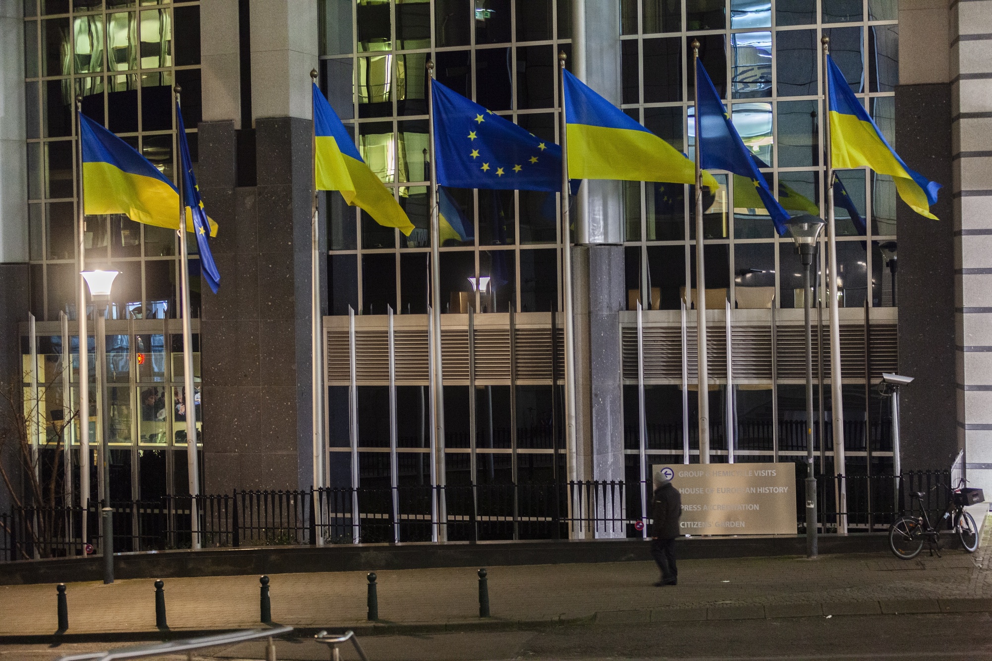 eu remains ambitious opening all ukraine clusters several capitals hold back · post ukrainian flags flying front european parliament brussels eastnewsua colors flag cities protest against russian invasion news reports