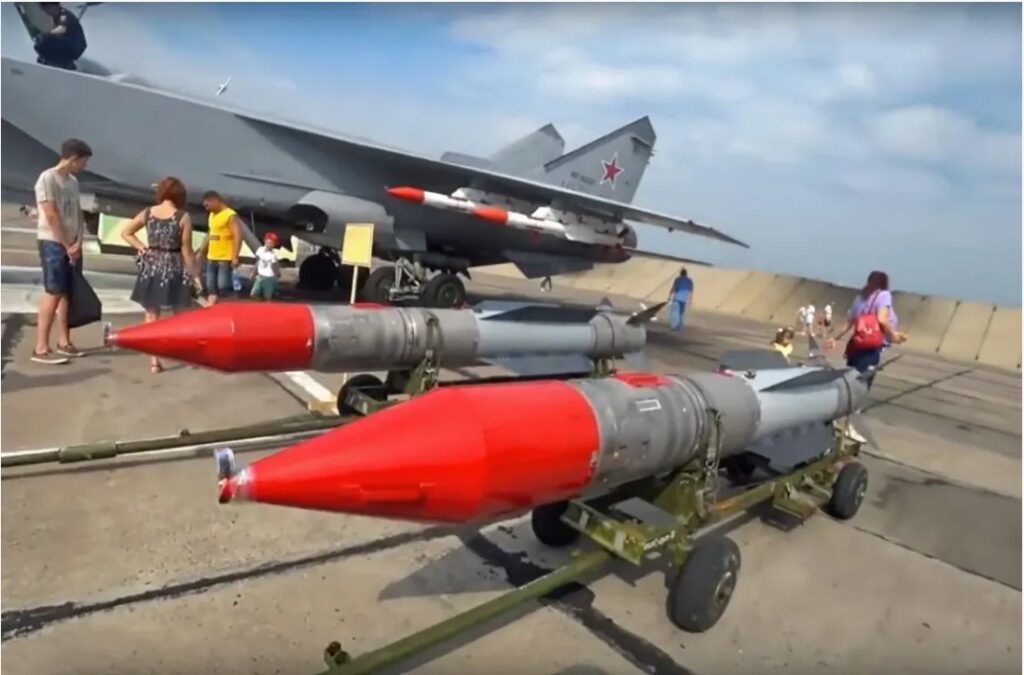 Russian R-37M long-range air-to-air missiles at an air base