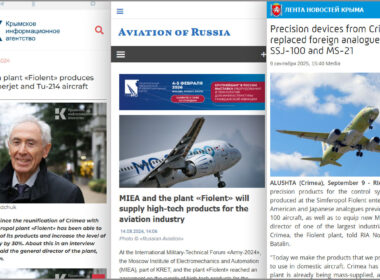 Trap Aggressor: West ignores Crimean factory supplying Russia’s aviation industry despite decade-old sanctions Translated screenshots from Russian state and industry media showing articles about the Fiolent plant in occupied Crimea producing aviation components for Russian aircraft, including the Superjet, Tu-214, and MC-21.