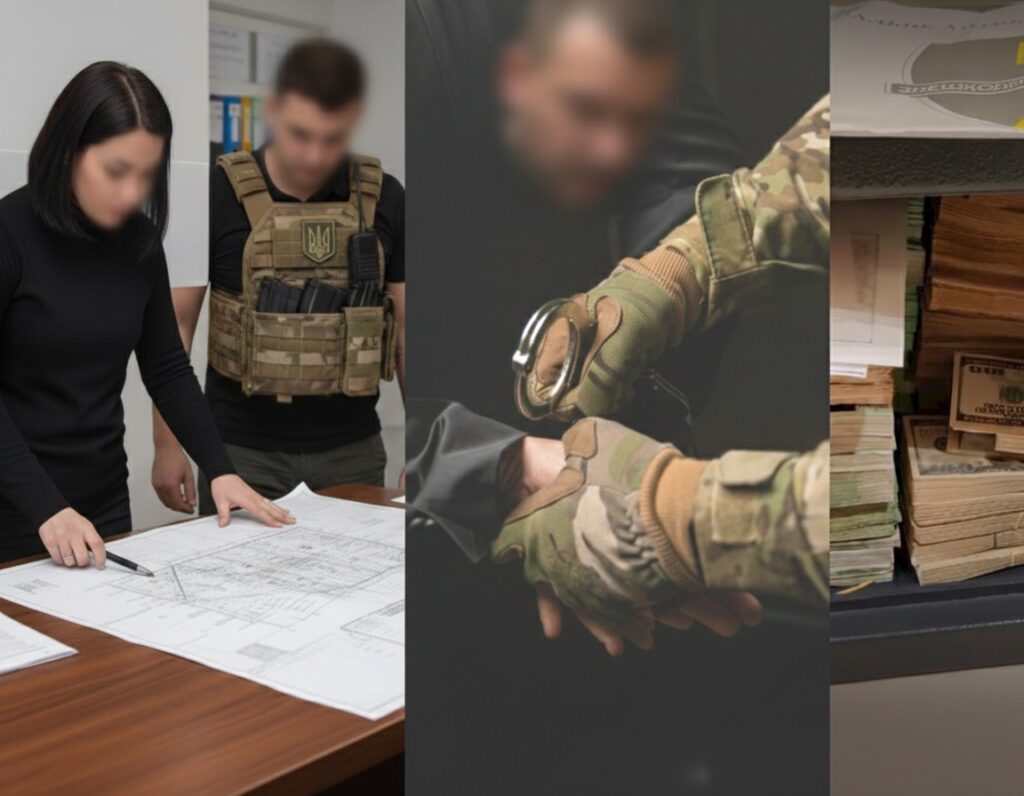 Composite image showing NABU anti-corruption operation: investigators reviewing documents at table, tactical officer conducting search, and stacks of seized currency bills from November 2025 raids into alleged $100 million kickback scheme at Energoatom nuclear operator