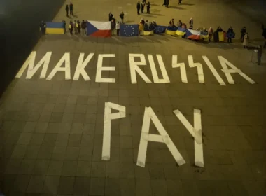 Make Russia pay demonstration rally protest Prague Czechia