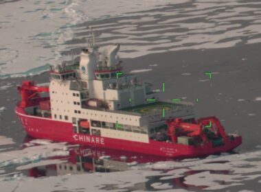 Chinese research icebreaker Xue Long 2 operating on the U.S. Extended Continental Shelf in the Arctic, monitored by U.S. Coast Guard aircraft, July 2025.