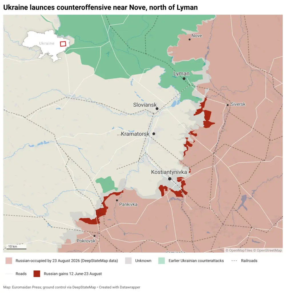 Map of the Ukrainian counteroffensive near Nove, north of Lyman, as of 23 August 2026
