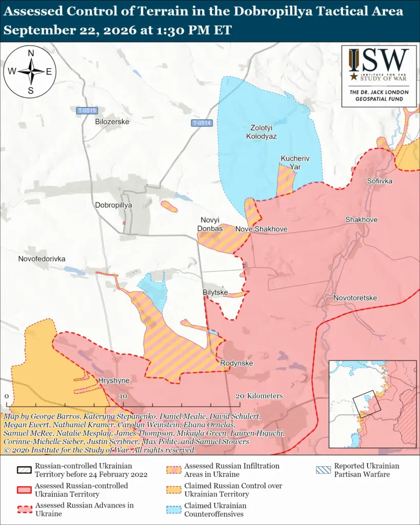 Map of Dobropillia and nearby towns, with Russian-controlled territory shaded pink mainly to the east and south, striped areas marking Russian infiltration, and blue areas marking claimed Ukrainian counteroffensives.