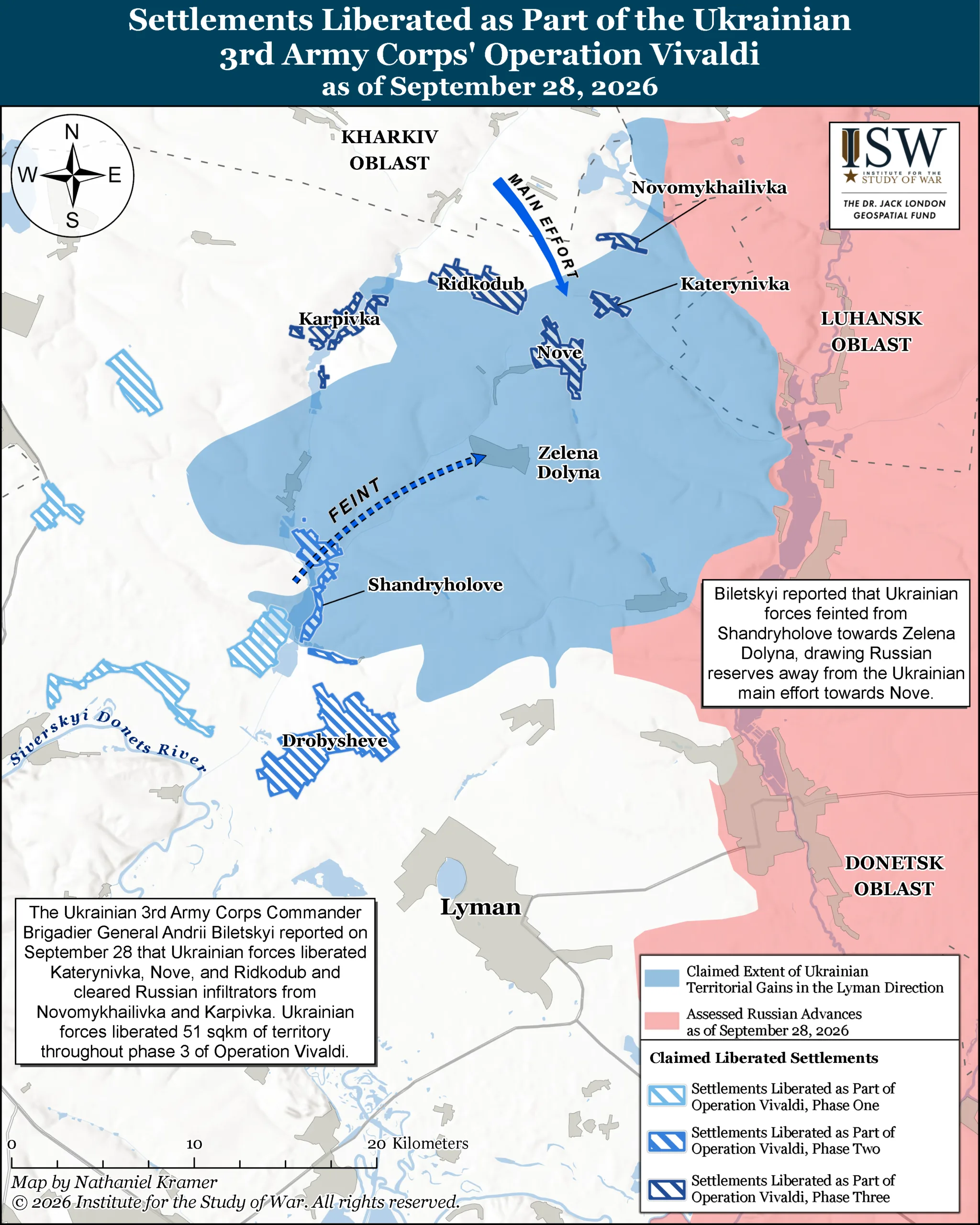 Map of settlements Ukraine's 3rd Army Corps says it liberated north of Lyman, as of 28 September 2026.