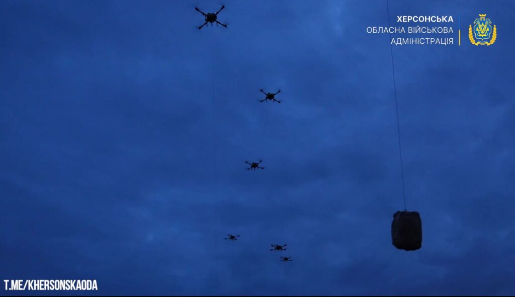 Drones carry food packages across the Dnipro to starving residents of Russian-occupied Oleshky, Kherson Oblast, September 2026.