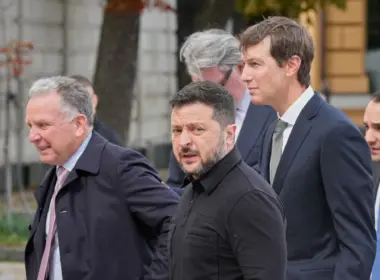 Ukraine's President Volodymyr Zelenskyy, center, and U.S. President Donald Trump's envoys Jared Kushner, right, and Steve Witkoff, left, walk prior to their talks in Kyiv, Ukraine, Sunday, Sept. 6, 2026. (AP Photo/Efrem Lukatsky)