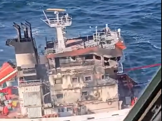 two tankers burn off romania’s sulina bulgaria says lacks proof russia behind black sea ship attacks · post burned superstructure tanker wine trader seen rescue helicopter 15 2026 romanian interior
