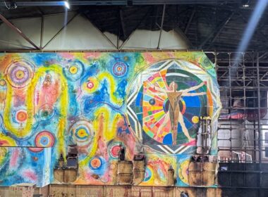 Petro Antyp’s painting Cosmogony, damaged during a Russian drone attack on Lutsk on 13 October 2026. Photo: Korsaks Museum of Contemporary Ukrainian Art/Facebook