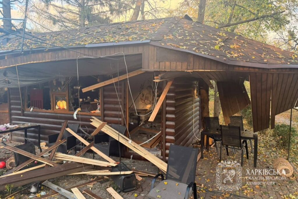 The café damaged in a Russian strike on a park in the settlement of Nova Vodolaha, Kharkiv Oblast, on 19 October 2026.