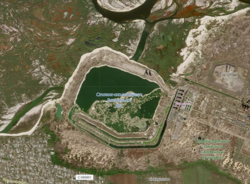 The cooling pond of the occupied Zaporizhzhia Nuclear Power Plant, surrounded by the drained bed of the former Kakhovka Reservoir, 12 October 2026.