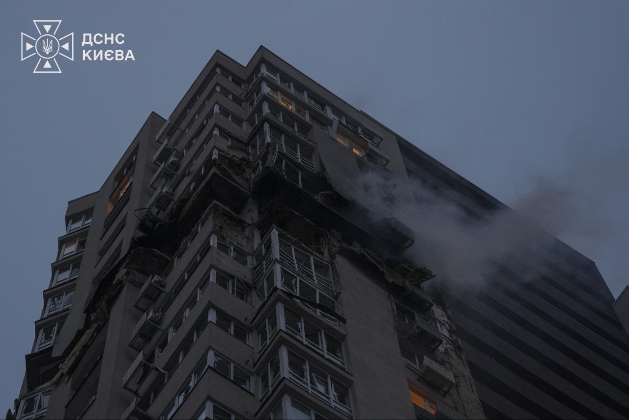 just grid 24-storey block university warehouses were russia’s target list overnight four people dead · post smoke rises apartment building kyiv’s sviatoshynskyi district after russian drone strike 21 2026 kyivjfif