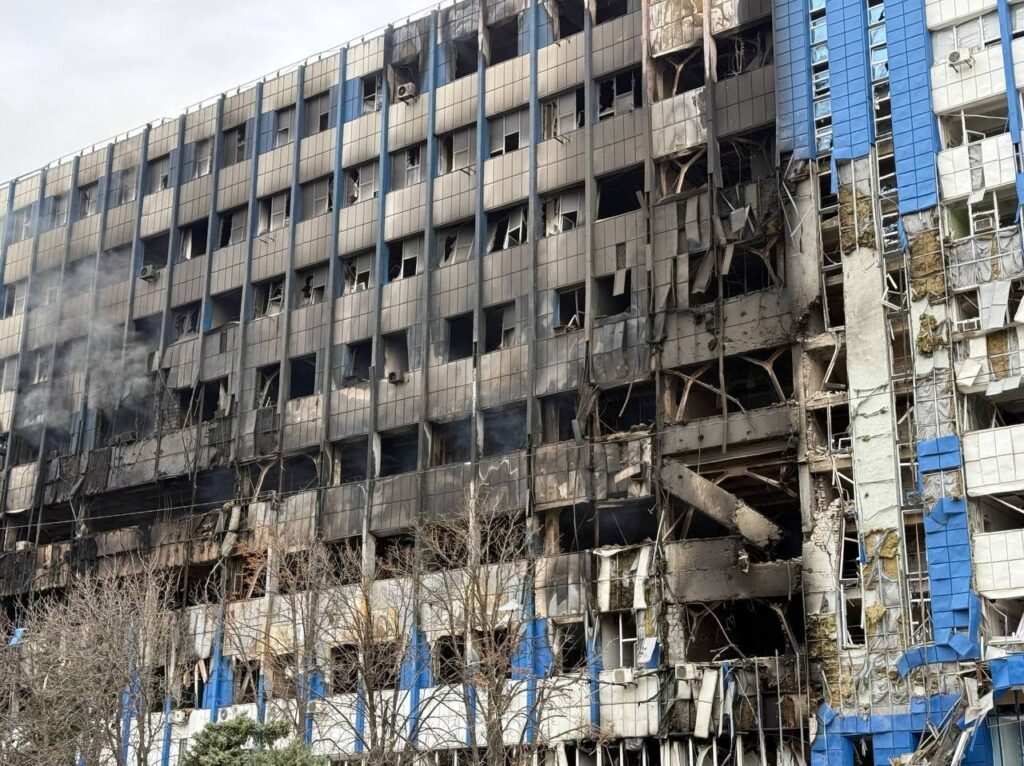 The occupied Ukrtelecom building in Luhansk after a drone attack, 21 October 2026.