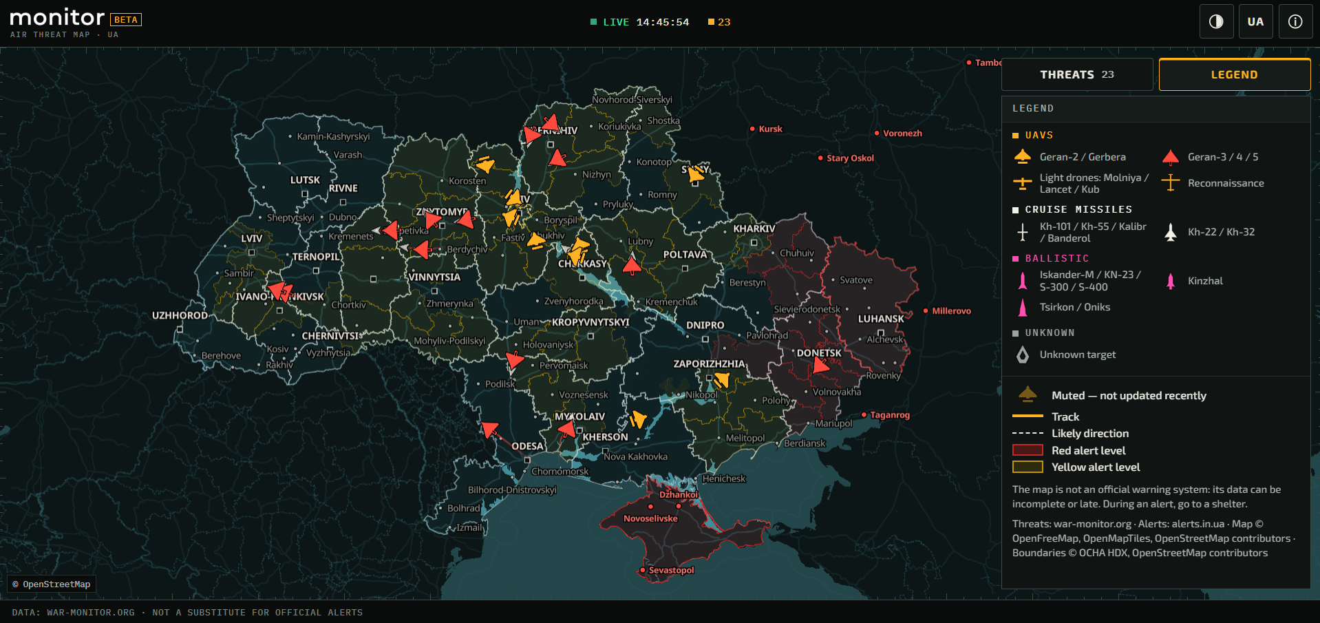 Screenshot from the Monitor map used to track aerial targets.