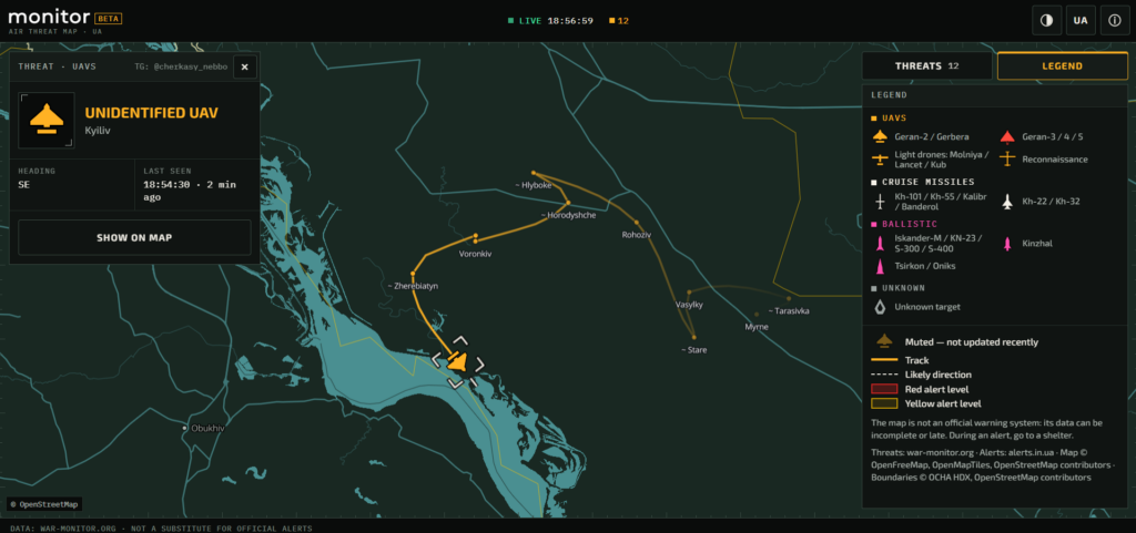 Screenshot from the Monitor map used to track aerial targets.